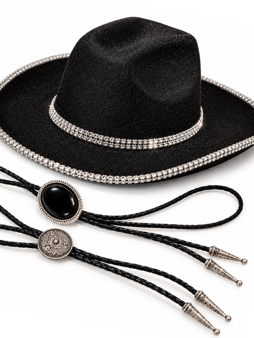 Black Rhinestone Cowboy Hat + 2 Bolo Ties Set - Picture 4 of 4